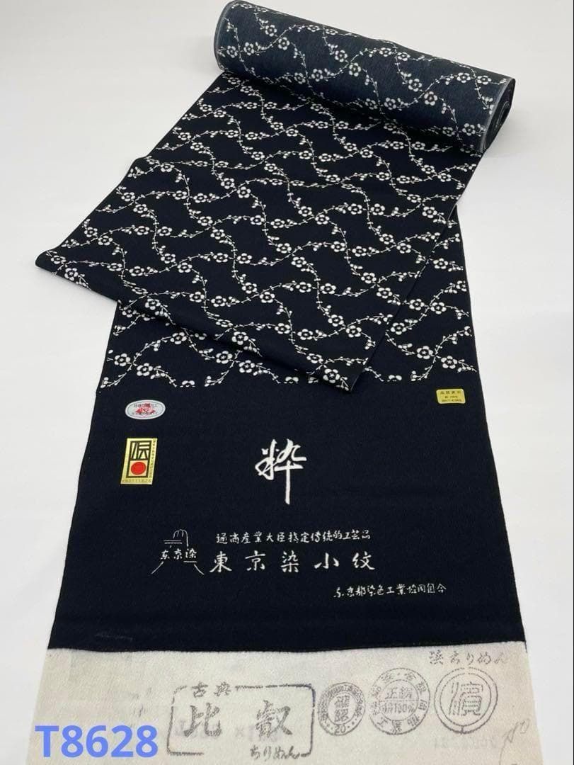 小紋 東京染 通産大臣指定伝統的工芸品 浜ちりめん 黒色 正絹 反物 T8628