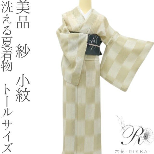 六花-RIKKA- 美品 洗える夏着物 トールサイズ 紗❀やさしい亜麻色に、夏霧ゆらぐ❀小紋 着物 A5498