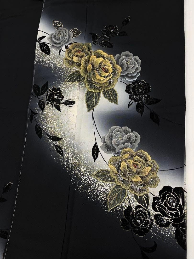 黒留袖 モノトーン 刺繍 金彩 グリッター箔 薔薇 正絹 躾糸付 正絹 