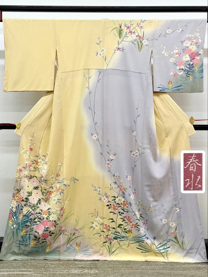春水 落款入 訪問着 手描き 正絹 A371