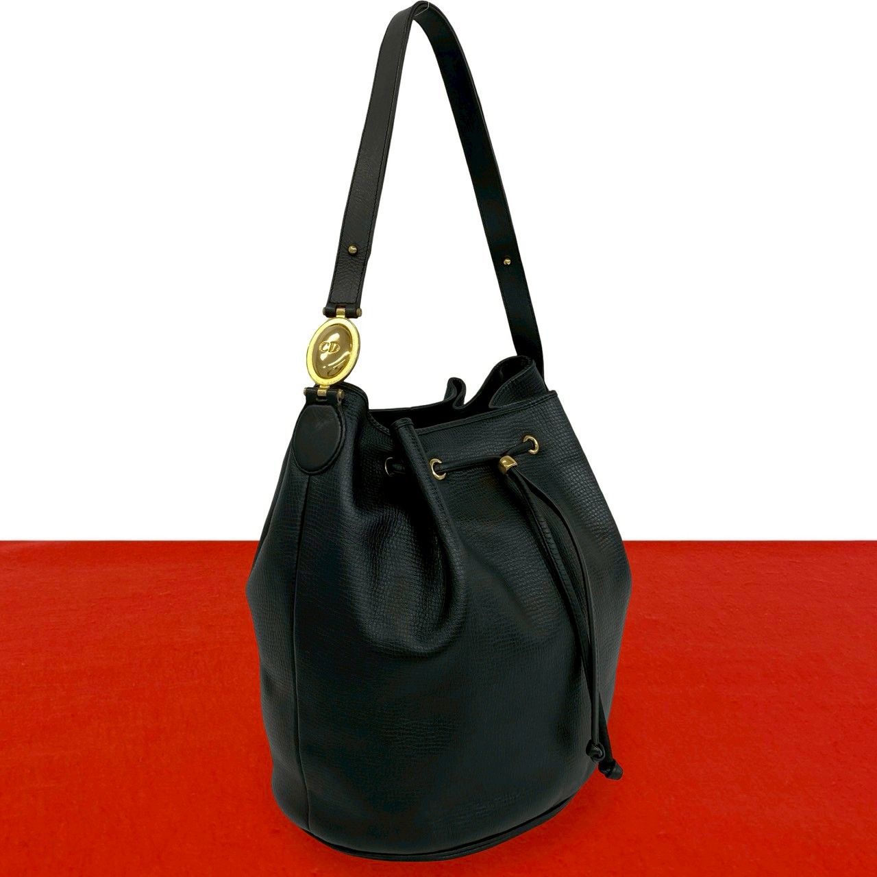 極 美品 Christian Dior ディオール ヴィンテージ ロゴ 金具 レザー 本革 ショルダーバッグ 巾着バッグ トートバッグ ブラック 04762