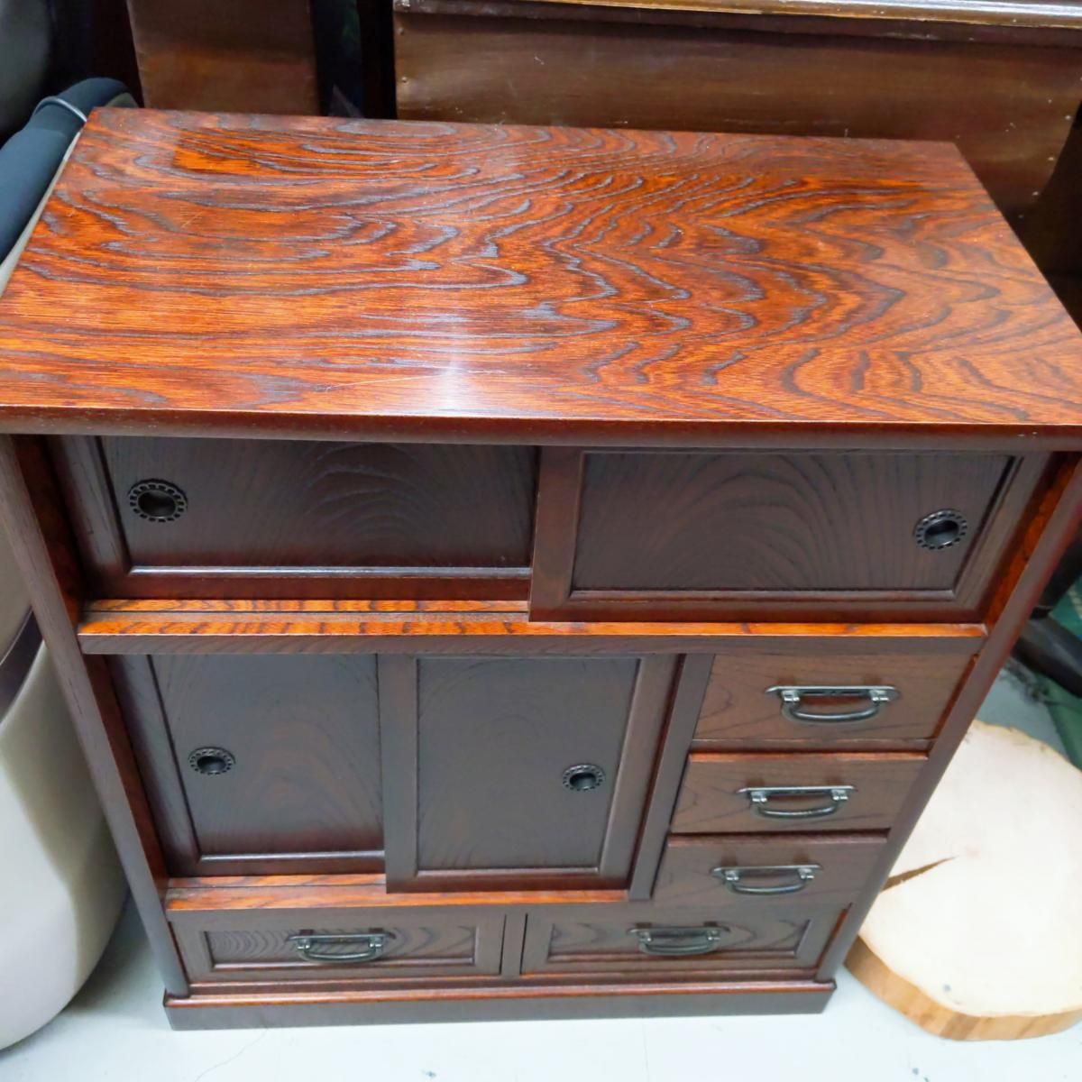 中古品】民芸家具 からくり箪笥 茶箪笥 和家具収納棚 昭和レトロ
