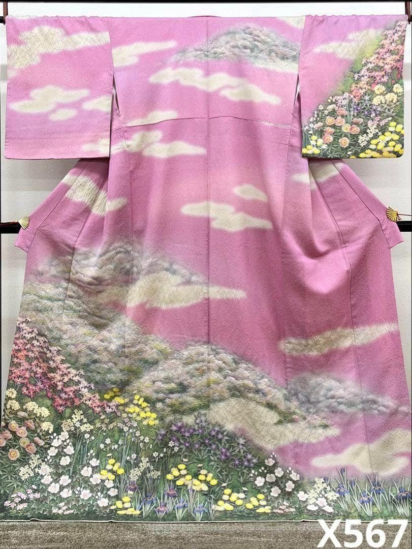 訪問着 銀通し 絞り加工 四季の花 正絹 X567