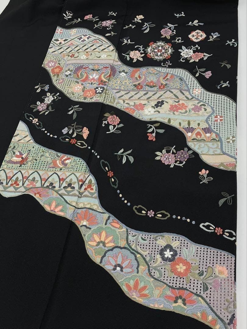 蘇州刺繍 汕頭刺繍 作家物 黒留袖 鳳凰 鳥 比翼仕立て 金糸 正絹 X365