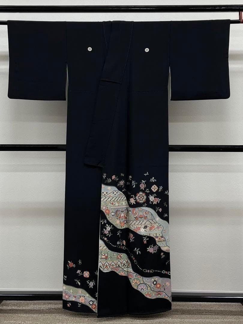 蘇州刺繍 汕頭刺繍 作家物 黒留袖 鳳凰 鳥 比翼仕立て 金糸 正絹 X365