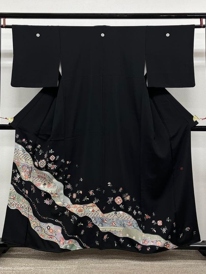蘇州刺繍 汕頭刺繍 作家物 黒留袖 鳳凰 鳥 比翼仕立て 金糸 正絹 X365
