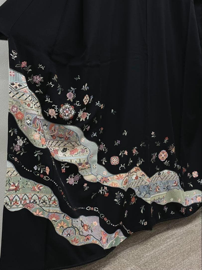 蘇州刺繍 汕頭刺繍 作家物 黒留袖 鳳凰 鳥 比翼仕立て 金糸 正絹 X365