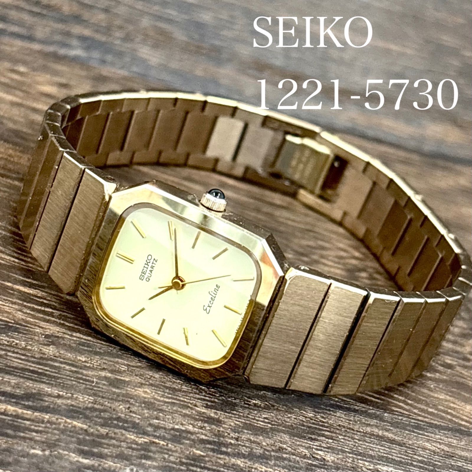 【稼働】SEIKO/セイコー EXCELINE/エクセリーヌ 腕時計 クォーツ 超固ケース タングステン オニキスリューズ ゴールド文字盤 1988年11月製造 japan vintage