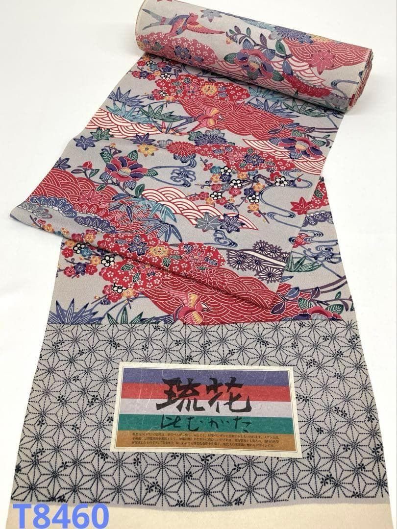 小紋 琉花 紅型 ちりめん 鳥 正絹 反物 T8460