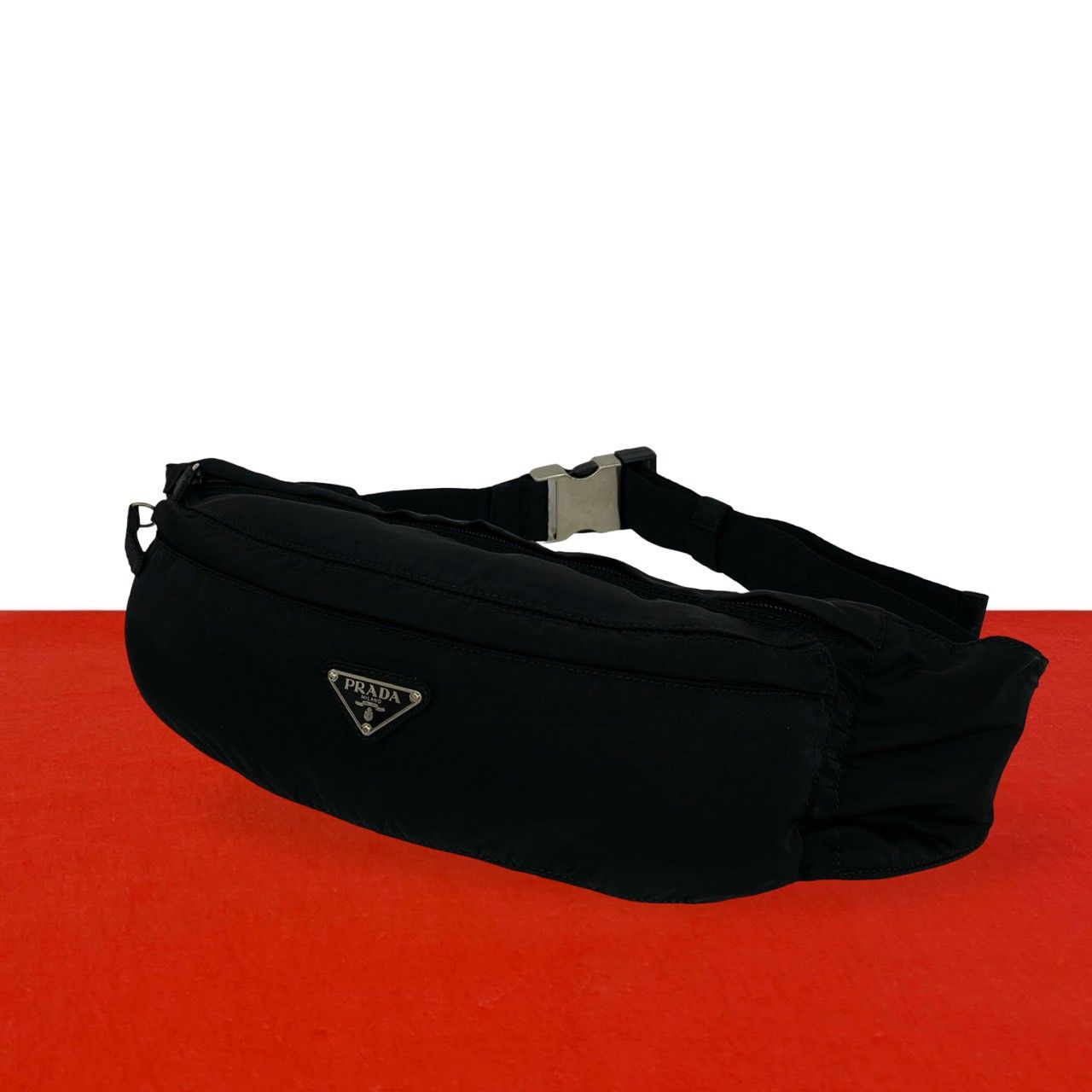 極 美品 希少品 PRADA プラダ 三角ロゴ トライアングル 金具 テスート ナイロン クロス ボディバッグ ウエストポーチ ブラック 黒 36866