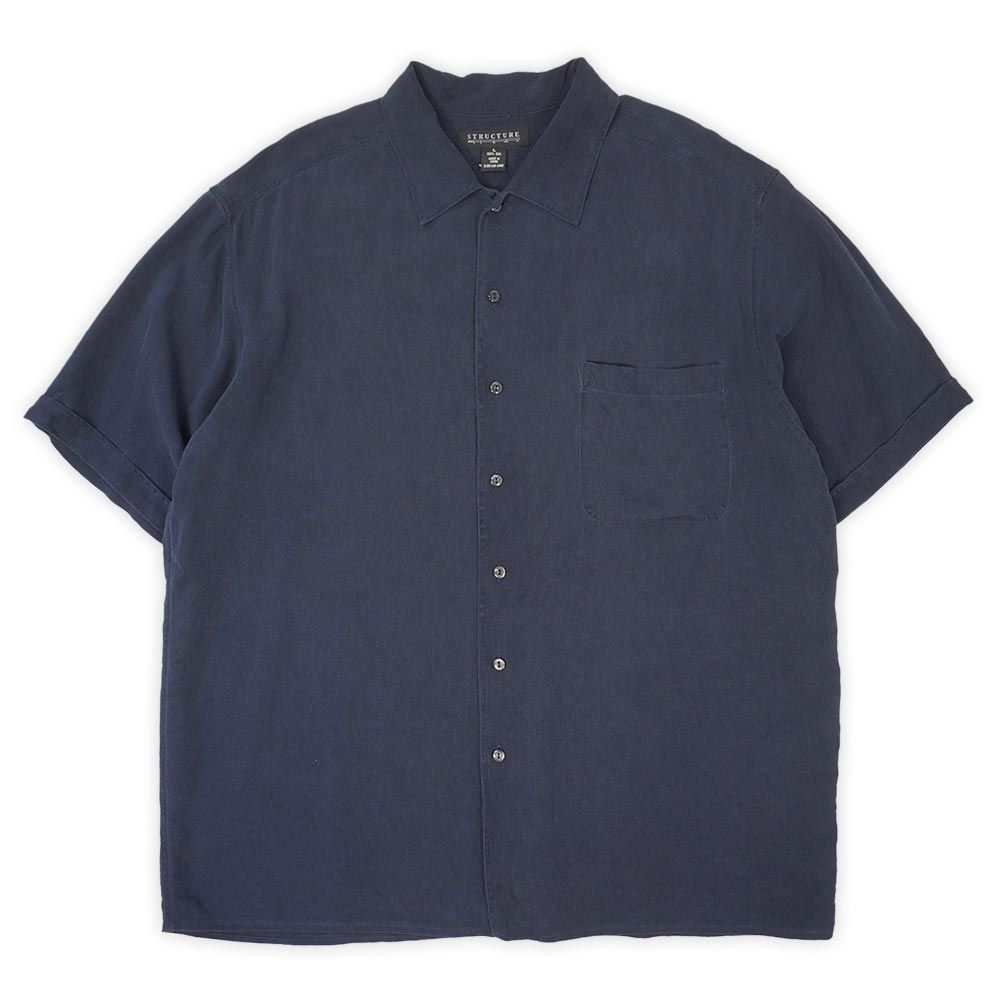 ストラクチャー STRUCTURE 90s 90年代 シルクシャツ 半袖 単色 無地 オープンカラー ボックス USA オールド ヴィンテージ アメリカ 古着 メンズ シャツ ネイビー 紺 L【中古】