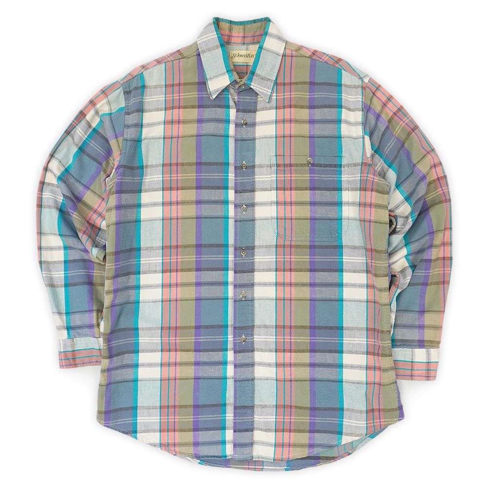 セントジョンズベイ ST JOHN'S BAY 80s 90s 80-90年代 フランネルワークシャツ ヘビーネル MADE IN USA アメリカ製 ヴィンテージ 古着 メンズ シャツ マルチカラー チェック柄 L-TALL【中古】