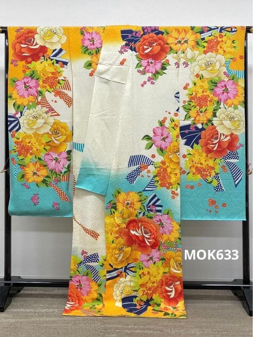 振袖 仮絵羽 京友禅 銀通し 刺繍 大輪 正絹 未仕立て品 八掛付 MOK633