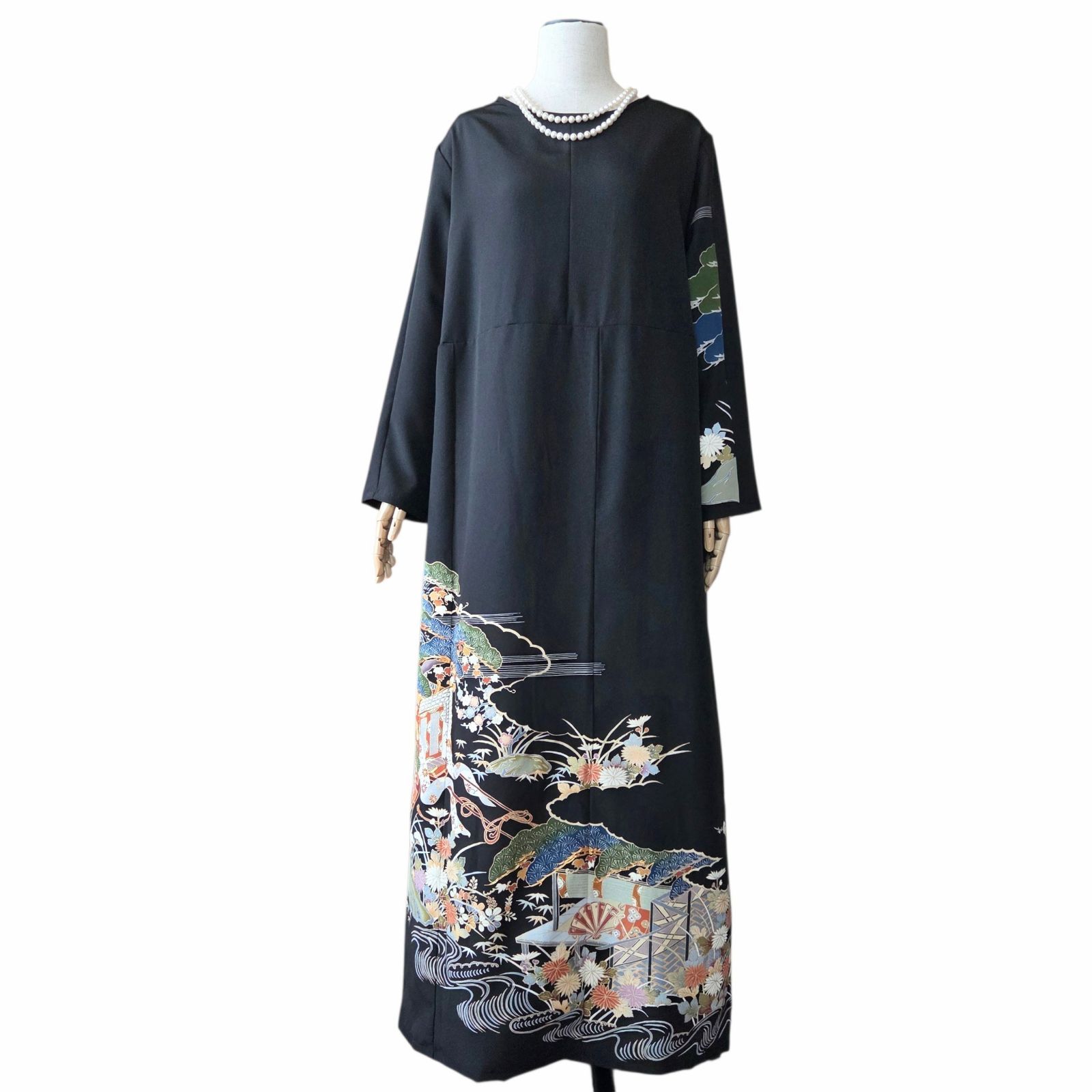 着物リメイク ロング ワンピース 大きいサイズ 黒留袖 Aライン 作家物