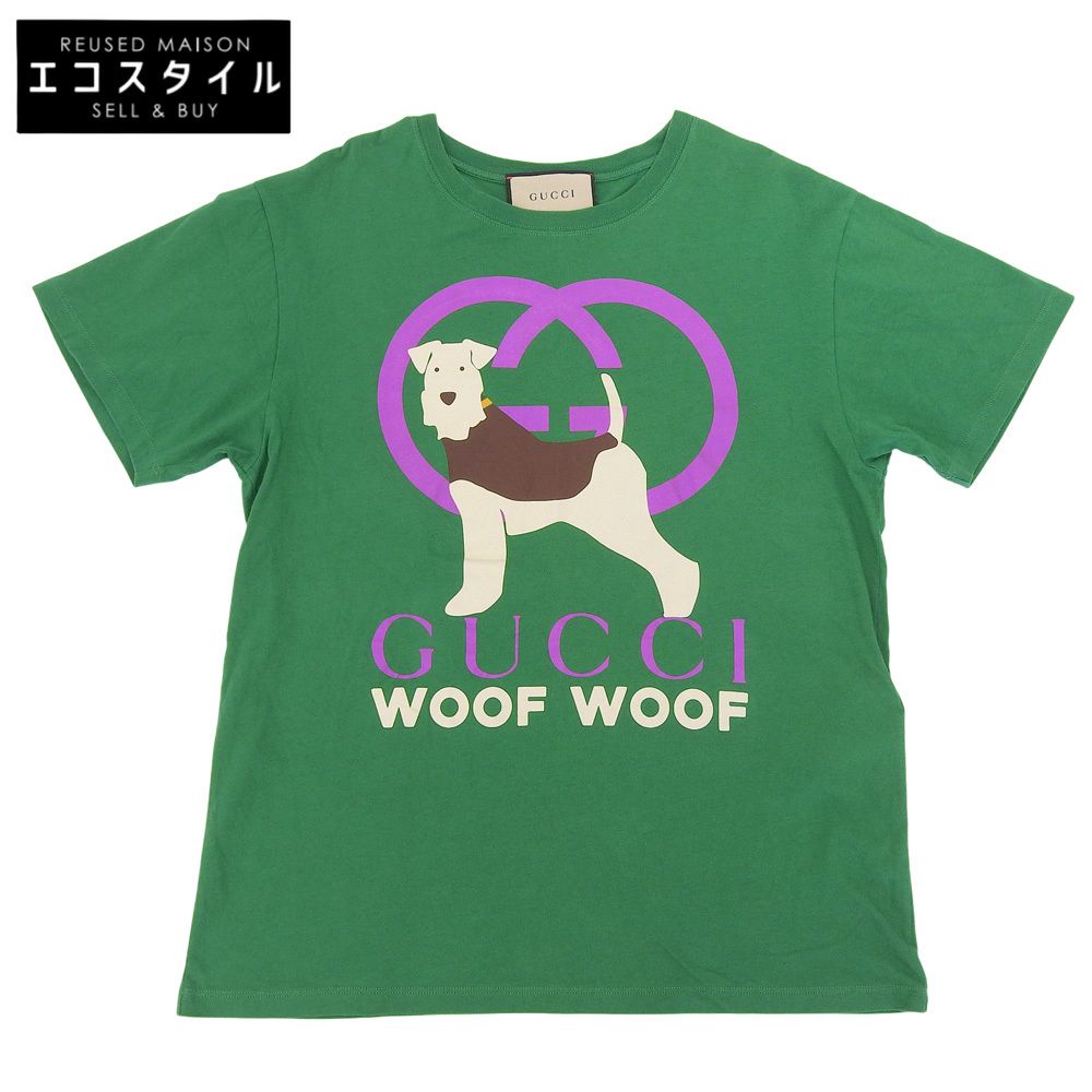 GUCCI　グッチ　WOOF WOOF ドッグプリント コットン Tシャツ トップス レディース グリーン S　S