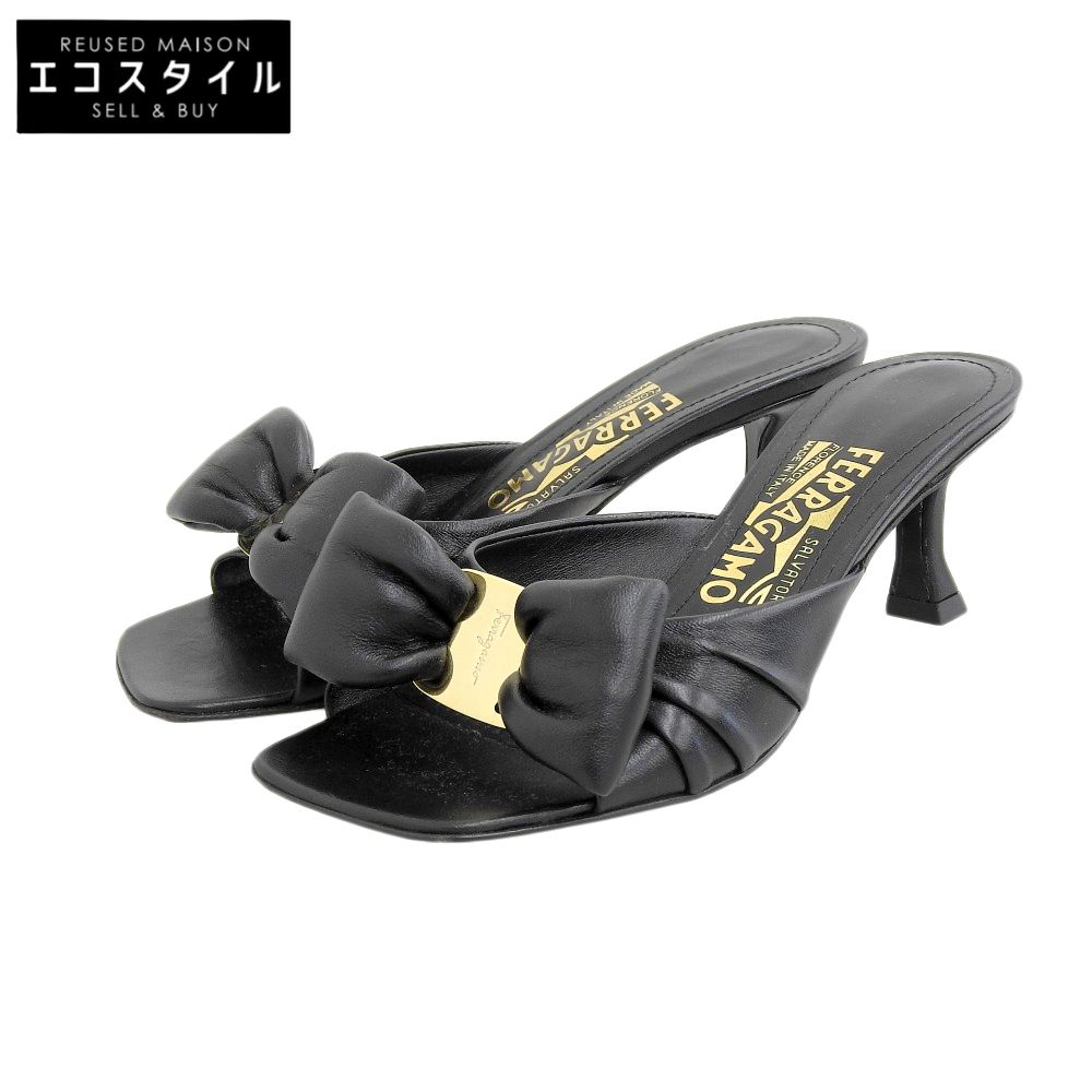 Salvatore Ferragamo　サルヴァトーレフェラガモ　美品 レザー ヴァラ ボウ ヒール スライドサンダル シューズ レディース 黒 ブラック 4　40