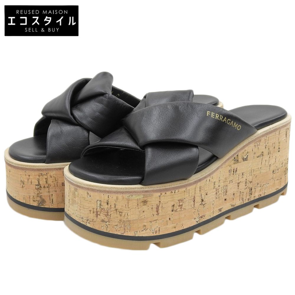 Salvatore Ferragamo　サルヴァトーレフェラガモ　新品同様 ENGRACIA コルク ウェッジソール サンダル シューズ レディース 黒 4C 24SS　4C