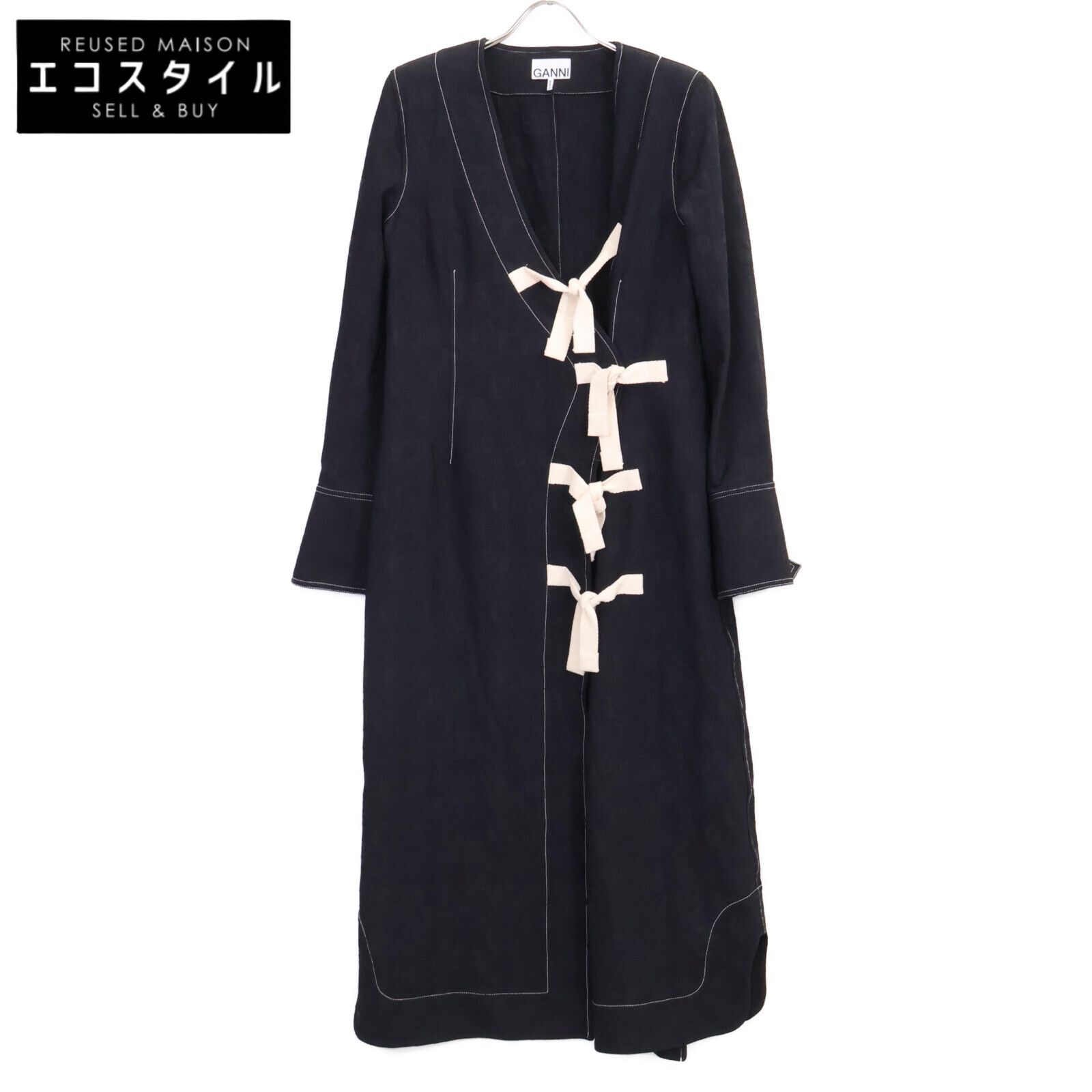 GANNI　ガニー　ネイビー ジャガード Bow-detailed ワンピース　38