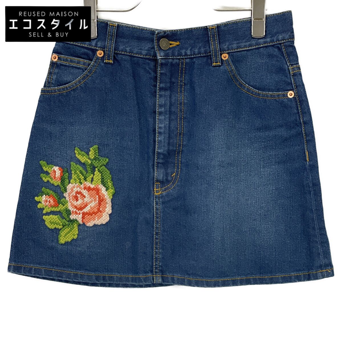 GUCCI　グッチ　456973 ブルー バラ刺しゅうデニムミニスカート　40