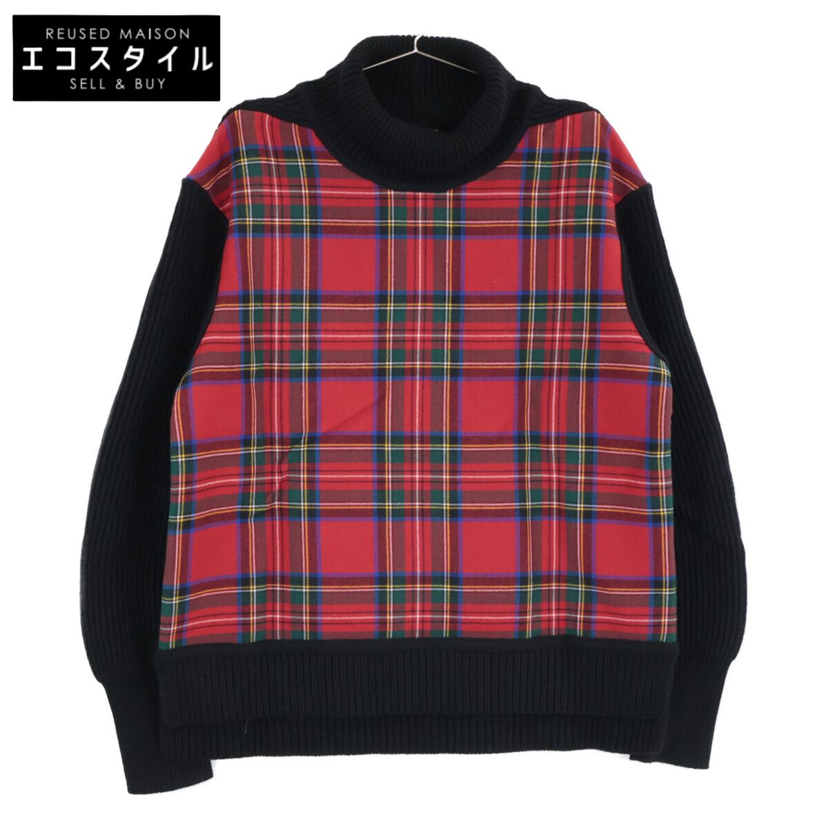BURBERRY　バーバリー　4068133 ブラック×レッド タータンチェックタートルネックニット　Ｍ