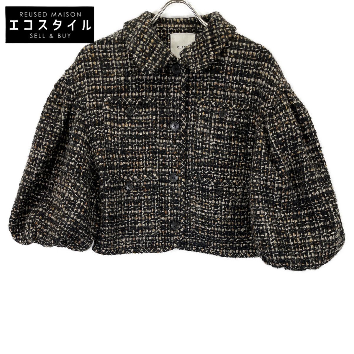 CLANE　クラネ　ブラック mix tweed puffsleeve jacket/ミックスツイードパフスリーブジャケット　2