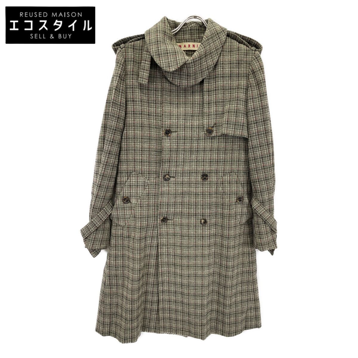 MARNI　マルニ　グリーン ウール×コットン チェック柄 ダブルブレスト ベルテッドコート　42