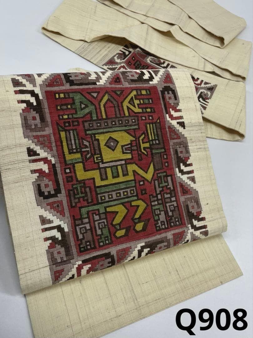 手描き 紬地 九寸名古屋帯 古代壁画文 正絹 Q908