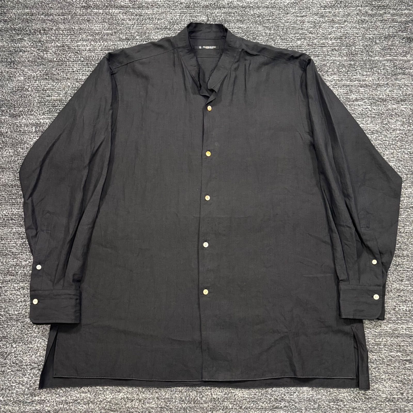 極美品 MAATEE&SONS スタンドカラー カットオフ リネンシャツ ブラック 3 マーティー&サンズ