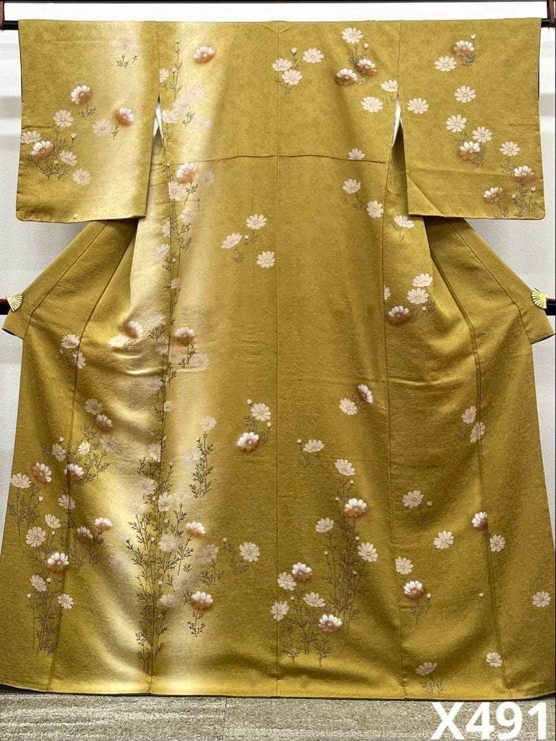 付け下げ 金彩 コスモス 花 やまと扱い 紋意匠 正絹 躾糸付き X491