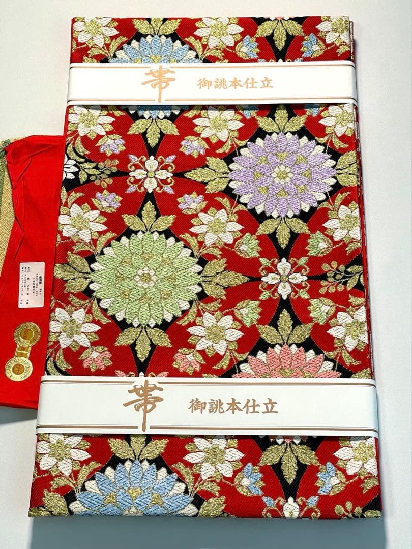西陣織 袋帯 振袖などに 七宝繋ぎ 金糸 未使用品 正絹 六通 HRT035