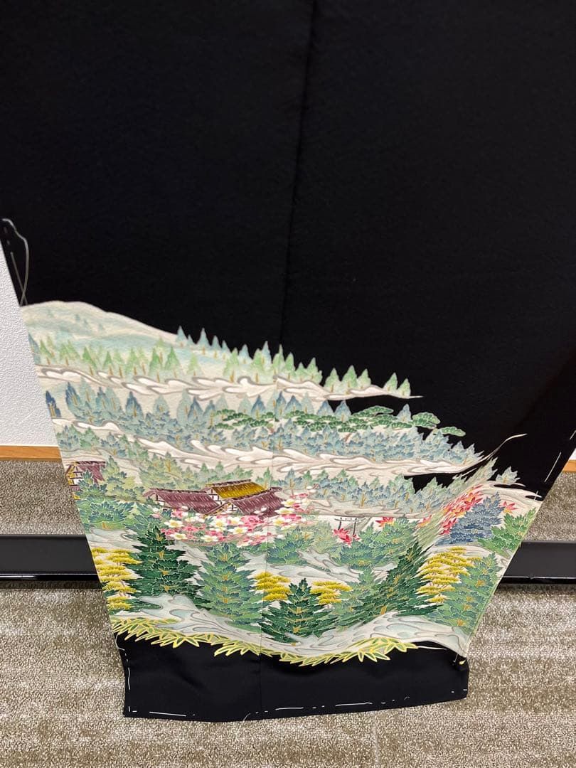 加賀友禅 落款入 黒留袖 仮絵羽 未仕立て品 白川郷 正絹 八掛付 B058 