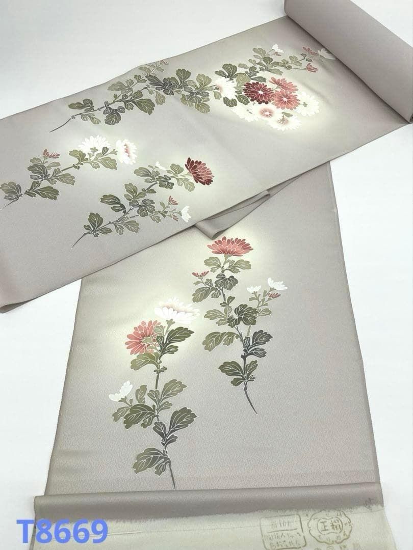 付け下げ 刺繍 手描 菊 正絹 反物 T8669