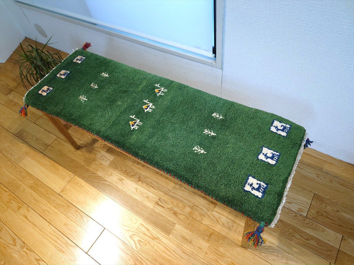 ハンドメイド　ペルシャ　ギャッベ ミニランナー　ラグ　115x40cm 緑色　ラクダ　パネル　ヤギ　RJ16392