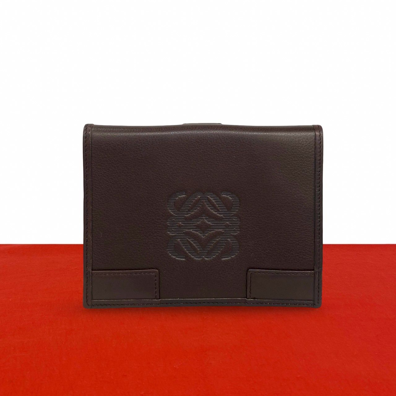 極 美品 希少品 LOEWE ロエベ アナグラム ロゴ 刻印 レザー 本革 二つ折り財布 ウォレット カードケース 小銭入れ ブラウン 50727