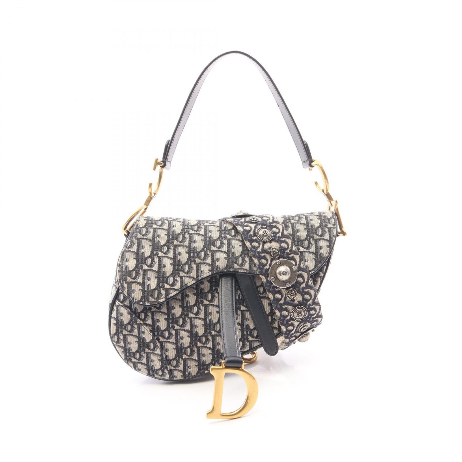 ディオール Dior ハンドバッグ サドルバッグ 2WAY ネイビー キャンバス レザー オブリーク サドルバッグ レディース Used A