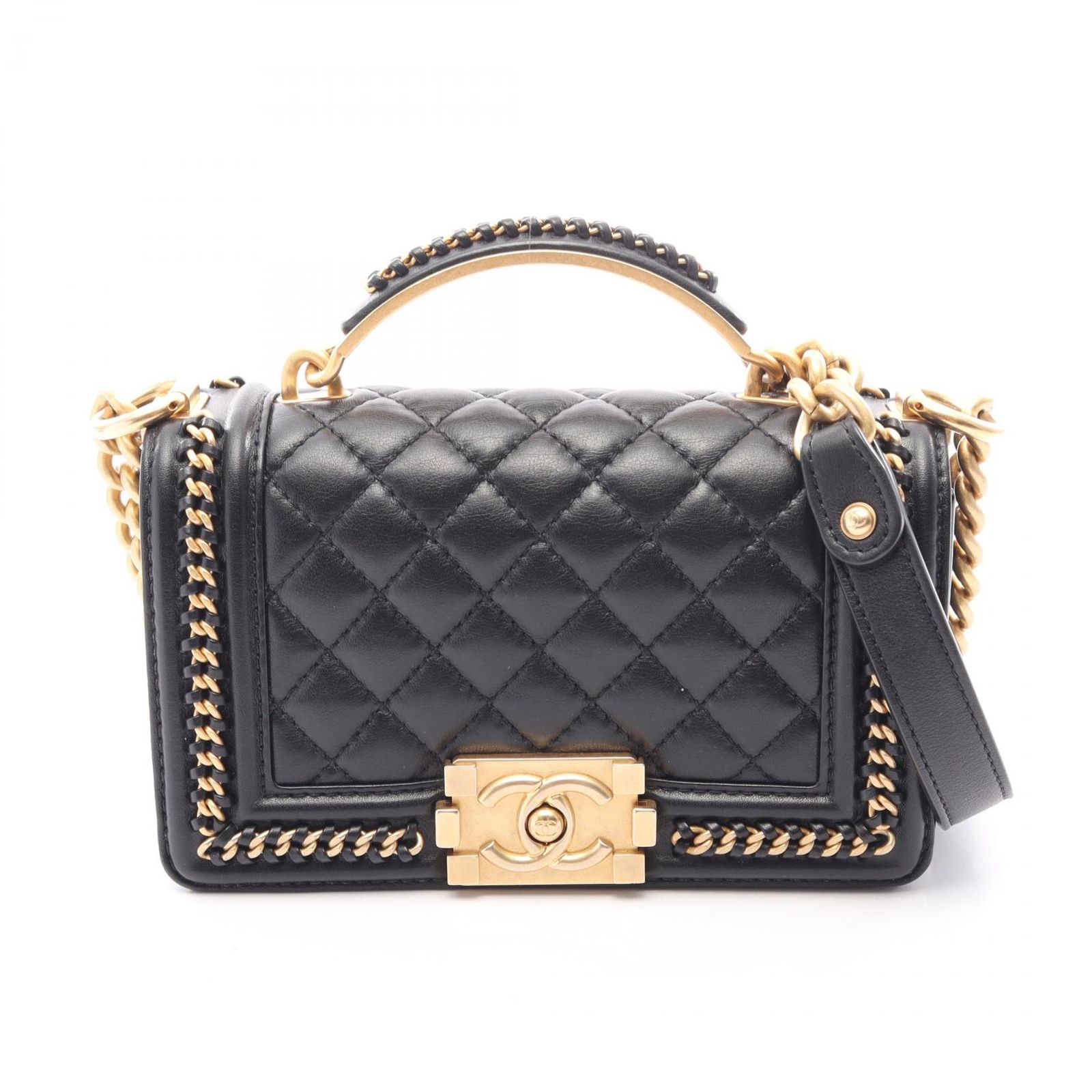 シャネル CHANEL ショルダーバッグ ボーイシャネル トップハンドル フラップ 2WAY ブラック レザー ボーイシャネル トップハンドル 2wayチェーンショルダー レディース