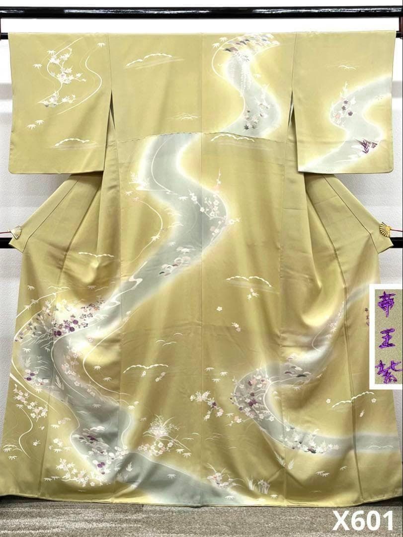 帝王紫 訪問着 友禅 刺繍 金彩 草花 正絹 X601
