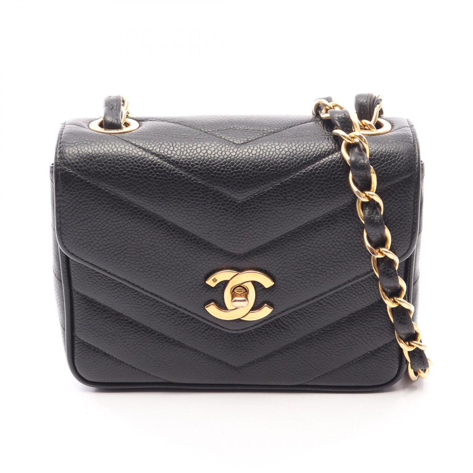 シャネル CHANEL ショルダーバッグ シェブロン Vステッチ ミニ ブラック カーフ（牛革） シェブロン Vステッチ ミニ チェーンショルダー レディース Used A