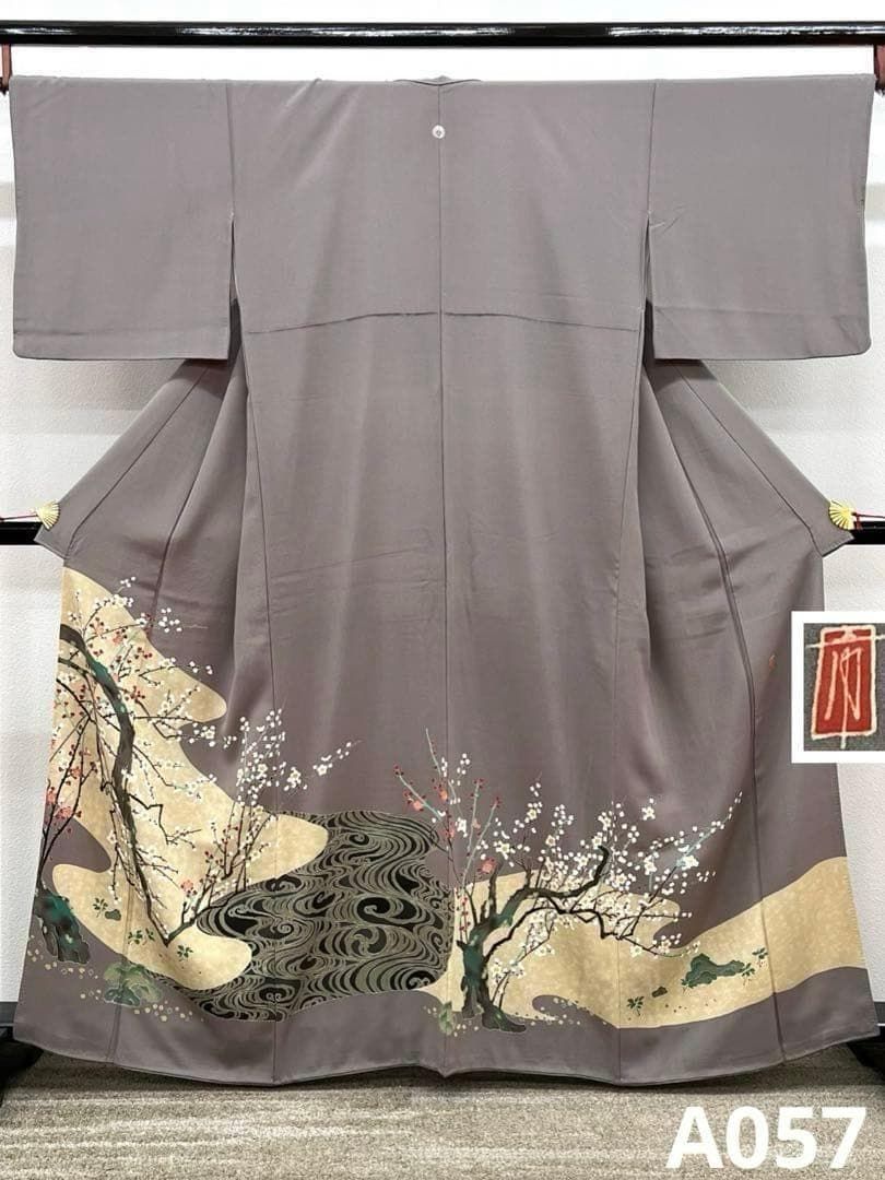 柿本一郎 本加賀友禅 落款入 色留袖 一つ紋 紅白梅 流水 正絹 A057