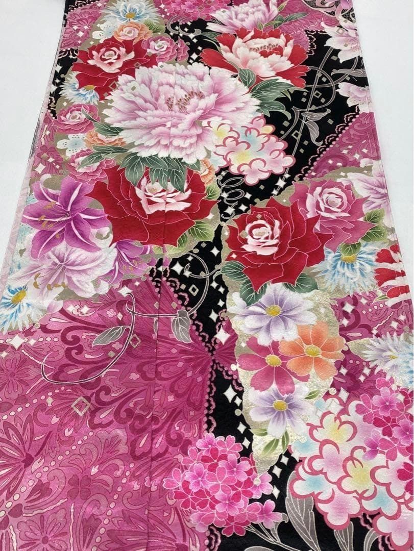 振袖 仮絵羽 金彩 紋意匠 牡丹 薔薇 正絹 未仕立て品 八掛付き MOK618 振袖 仮絵羽 金彩 紋意匠 牡丹 薔薇 正絹 未仕立て品 八掛付き MOK618