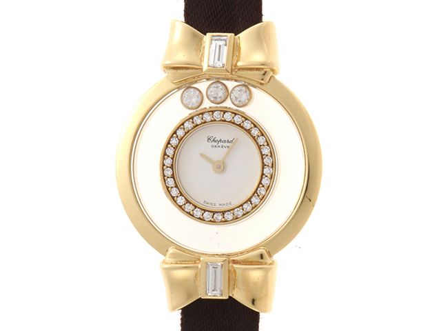 Chopard ショパール ウォッチ ハッピーダイヤモンド リボン ムーブ3PD/2PD 時計 20/5334 腕時計 K18イエローゴールド K18YG/サテン/革 ホワイト【中古】433