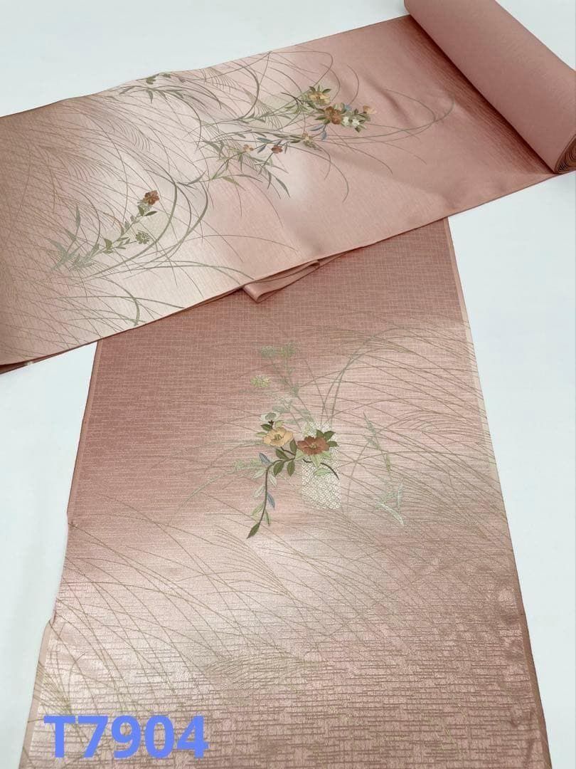 付け下げ 刺繍 金彩 紋意匠 アンバーローズ色 正絹 反物 T7904