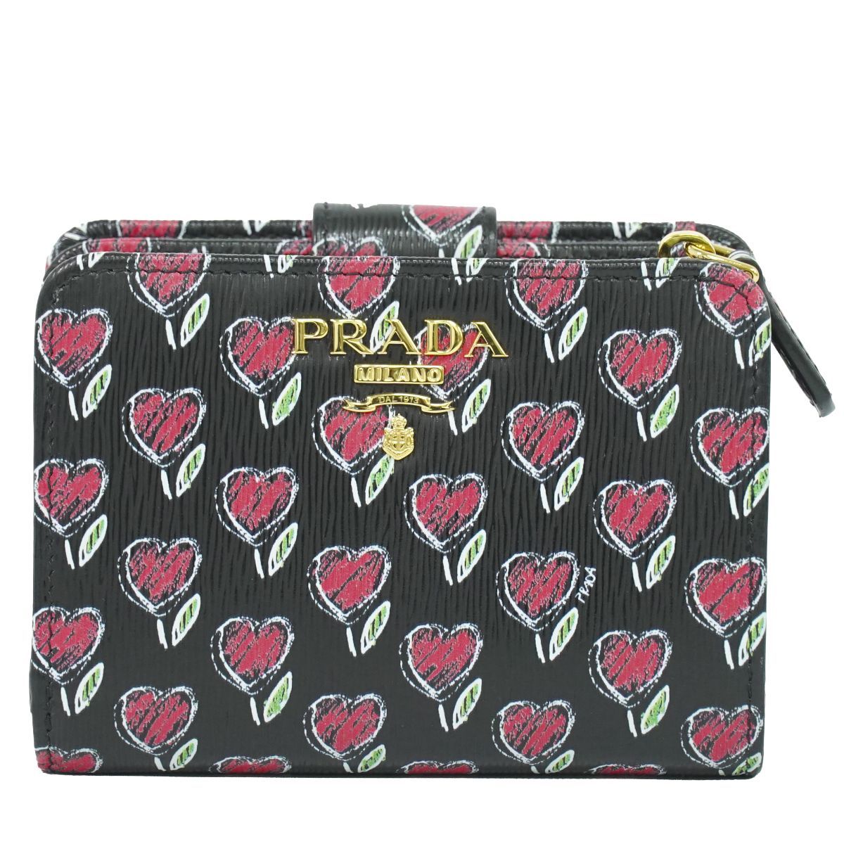 本物 プラダ PRADA ヴィッテロムーブ ラブ 二つ折り 折財布 コンパクトウォレット レザー ブラック レッド 財布 ウォレット 中古・