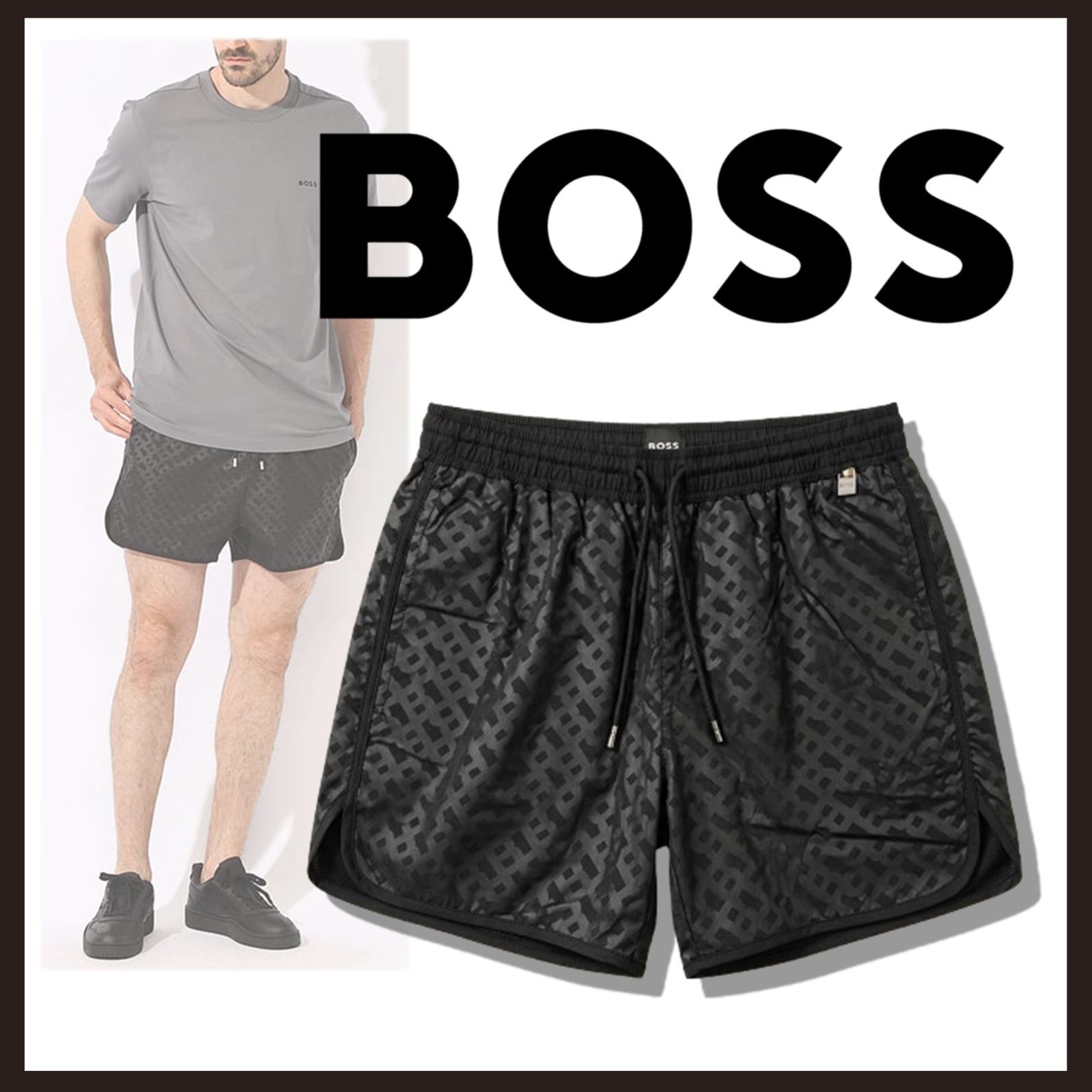 新品 未使用 ヒューゴボス ボスビーチ モノグラム スイムショーツ ブラックXS【HUGO BOSS】速乾 水着 海水パンツ 海パン