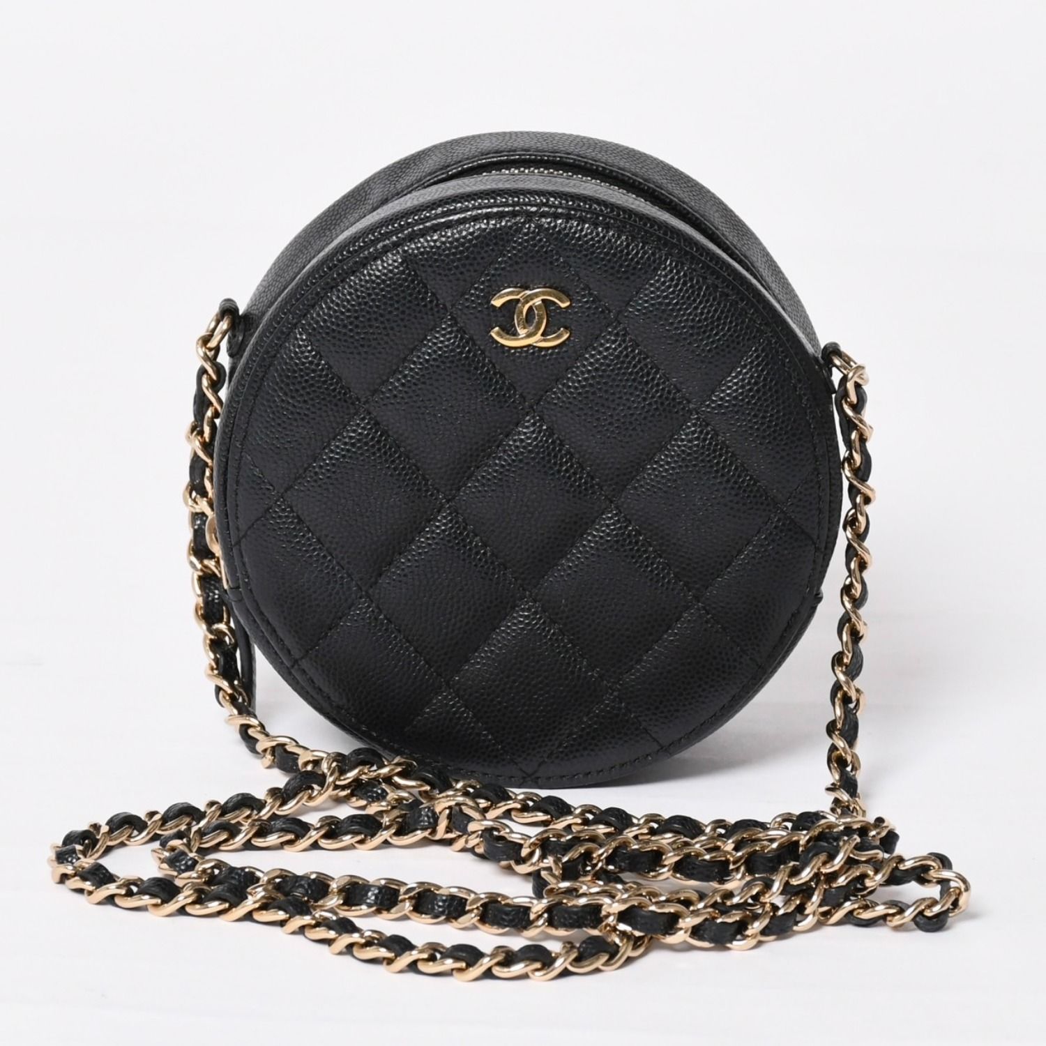 極美品 CHANEL シャネル ラウンド チェーンショルダーバッグ AP0245 30番台 ココマーク キャビアスキン ブラック 中古 4a003968