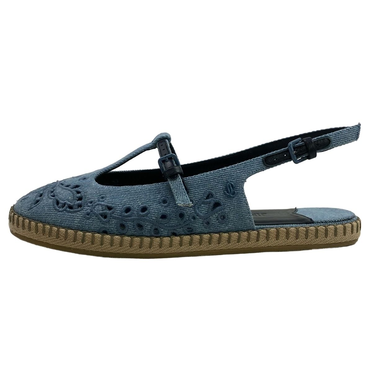 JIMMY CHOO(ジミーチュウ) サンダル 35 レディース美品 - ライトブルー×ダークネイビー アミイ フラット/刺繍/エスパドリーユ レザー