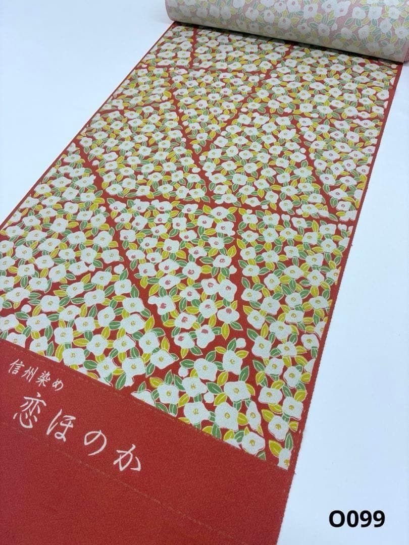 小紋 信州染め 恋ほのか ちりめん 全体柄 椿 反物 正絹 O099