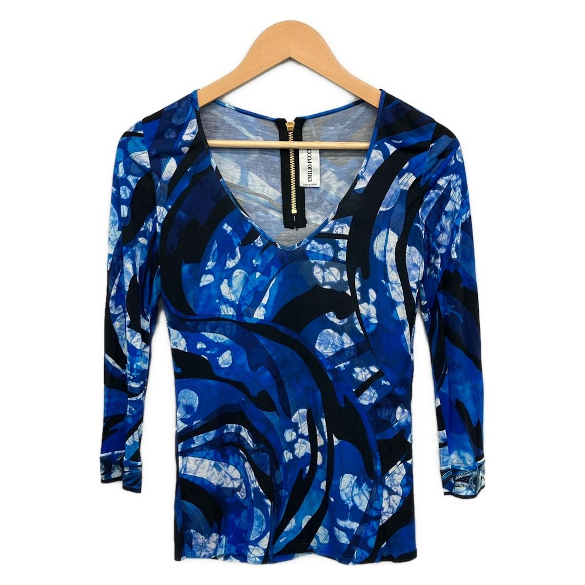 EMILIO PUCCI(PUCCI)(エミリオプッチ) 七分袖カットソー サイズI 38 レディース美品 - ブルー×黒×白 Vネック