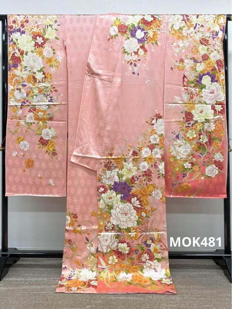 振袖 仮絵羽 金駒 金彩 牡丹 大輪 正絹 未仕立て品 八掛付き MOK481