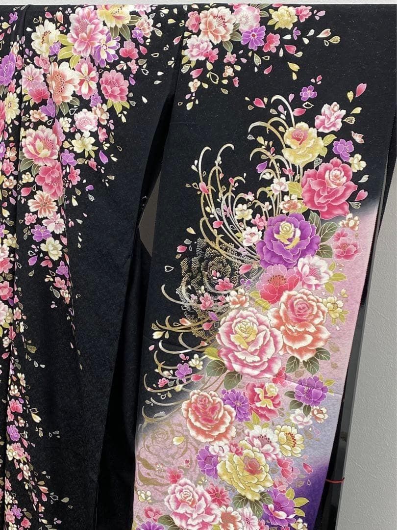 振袖 仮絵羽 銀通し 刺繍 金彩 薔薇 大輪 未仕立て品 八掛付き MOK483